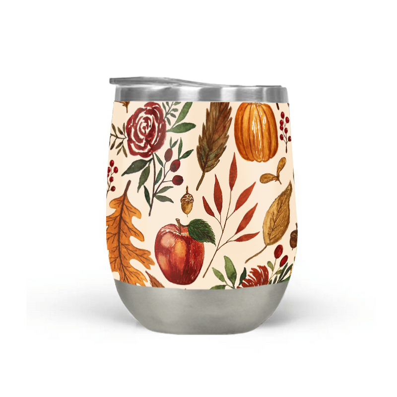 Watercolor Floral Pumpkin Stemless Wine Tumbler featuring vibrant floral designs and a secure lid, perfect for outdoor use.