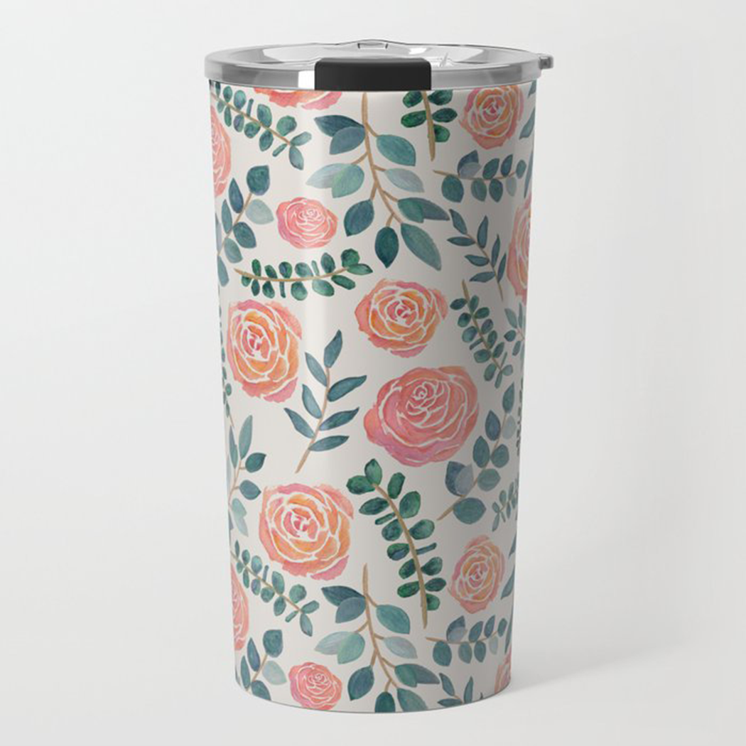 A stylish Watercolor Floral Travel Coffee Mug featuring a vibrant floral design, made of lightweight stainless steel with a vacuum-sealed lid.