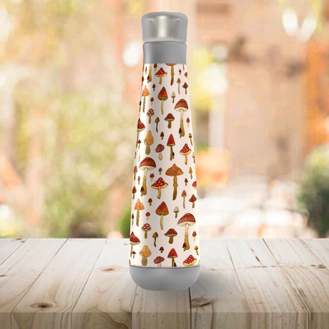 Stylish Watercolor Mushroom Peristyle Water Bottle made of stainless steel with a vibrant mushroom design.