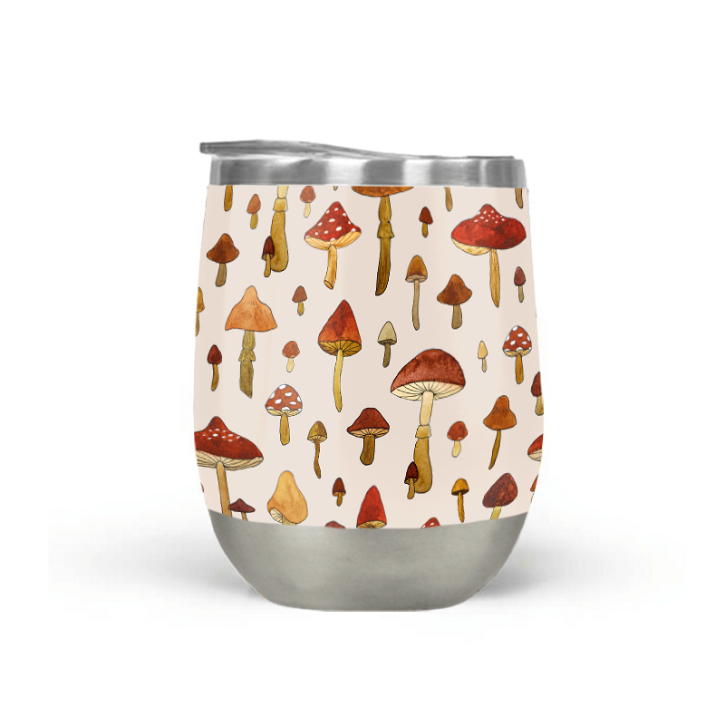 A stylish Watercolor Mushroom Stemless Wine Tumbler featuring a vibrant mushroom design, perfect for outdoor use.