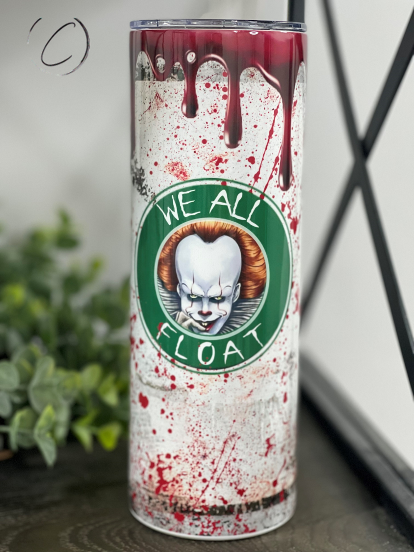 We All Float 20oz Skinny Tumbler with vibrant full wrap design and reusable straw.