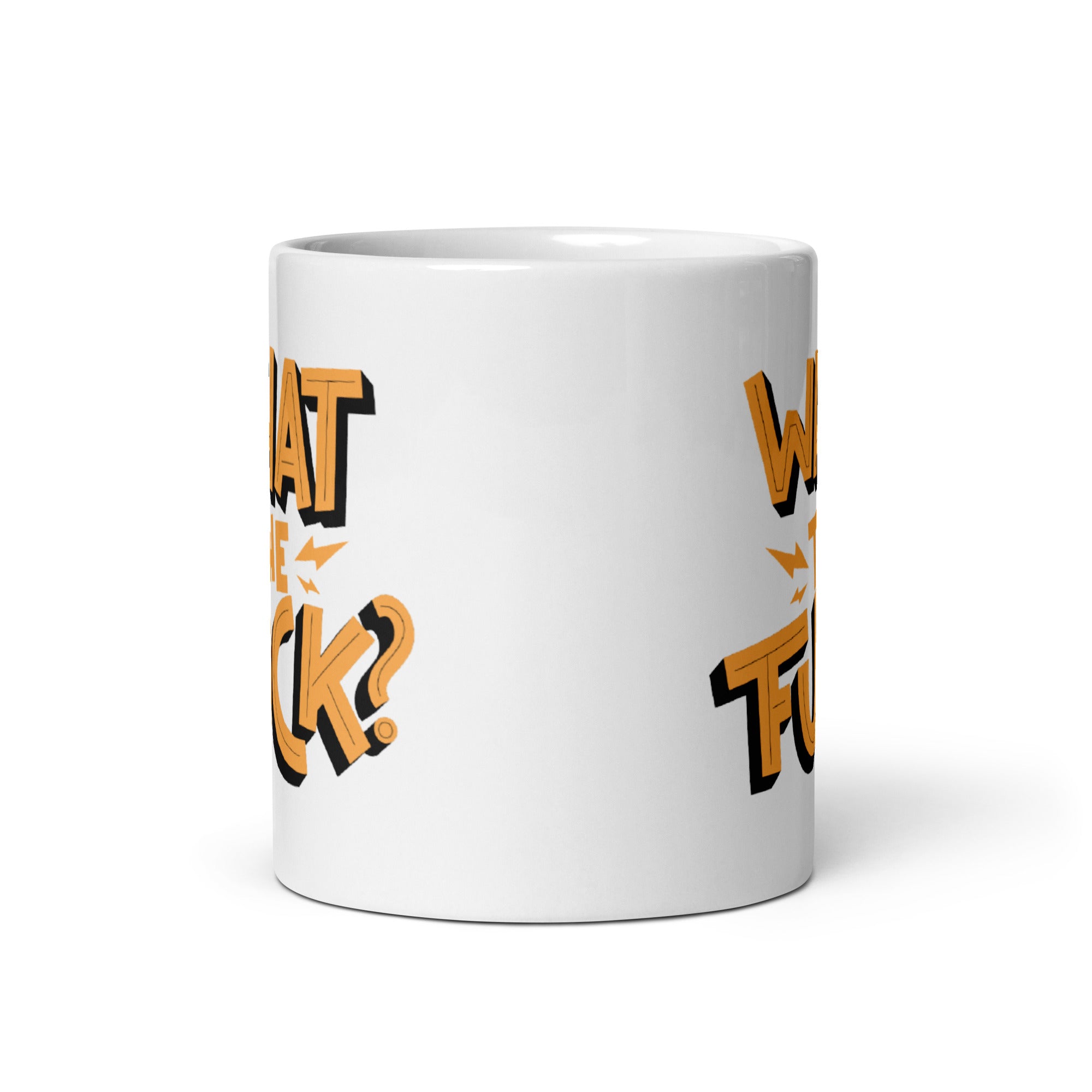 What The Fuck Funny Mug with a humorous design, available in two sizes, showcasing its glossy ceramic finish.