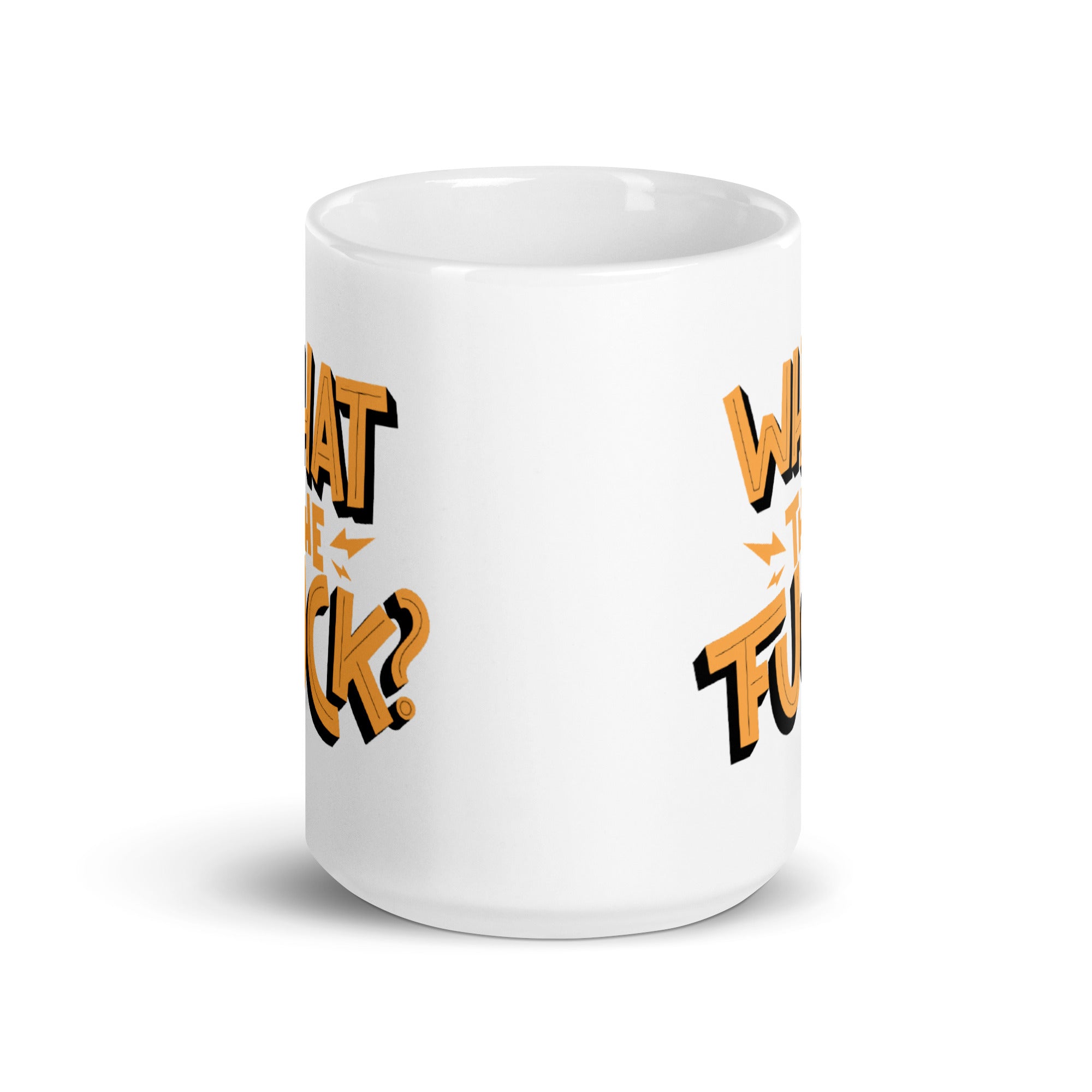 What The Fuck Funny Mug with a humorous design, available in two sizes, showcasing its glossy ceramic finish.