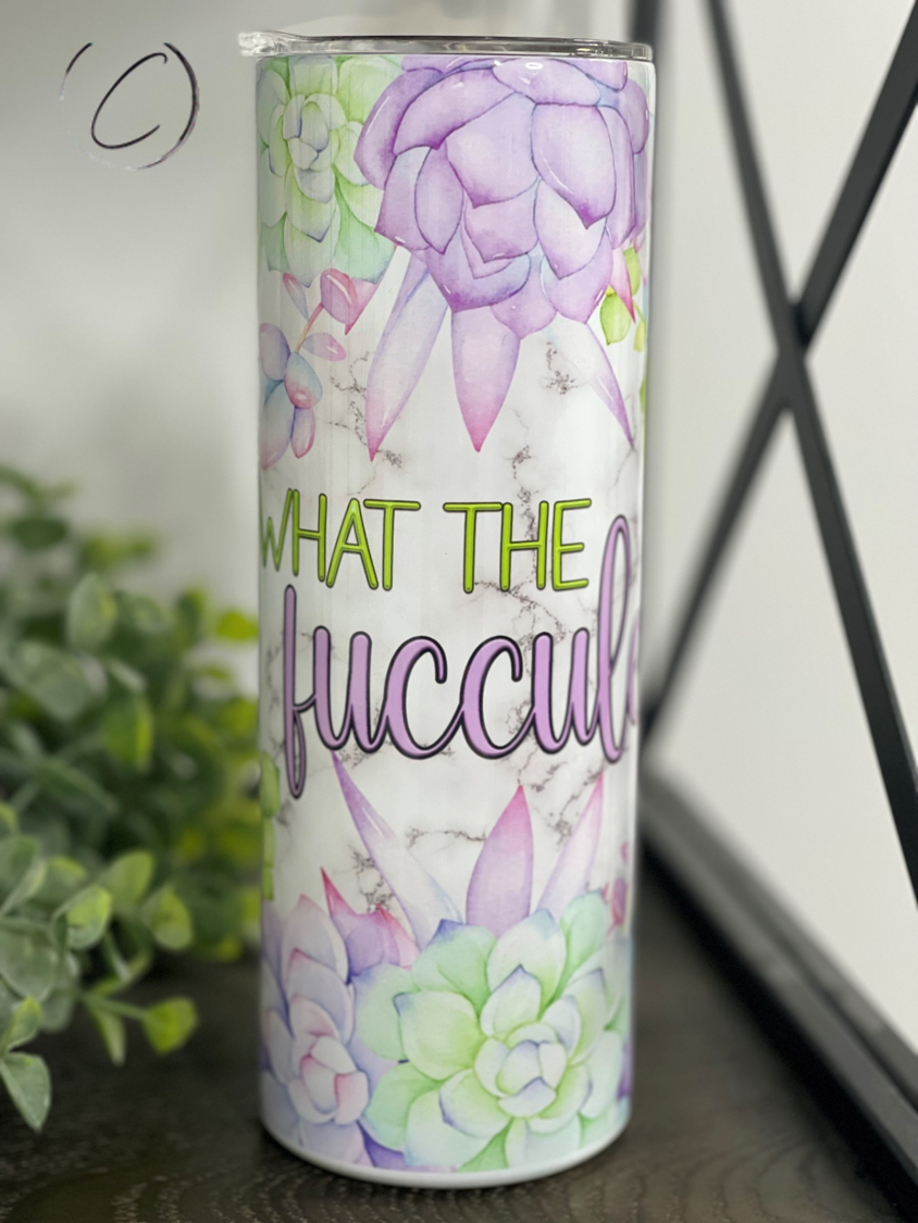 What The Fucculent 20oz Skinny Tumbler with vibrant full wrap design and reusable straw.