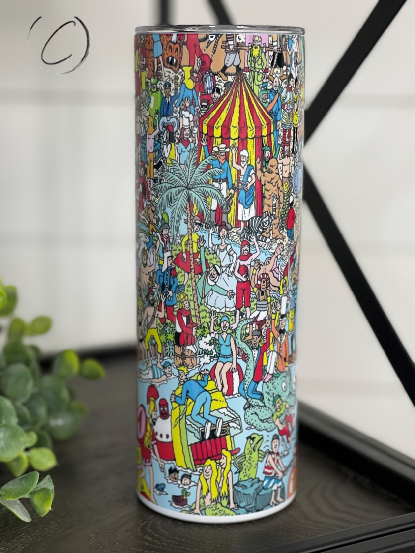 Where's Waldo 20oz Skinny Tumbler featuring a vibrant design, reusable straw, and durable construction.