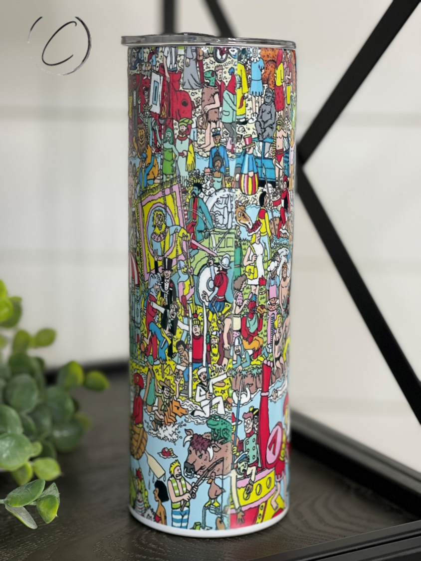 Where's Waldo 20oz Skinny Tumbler featuring a vibrant design, reusable straw, and durable construction.