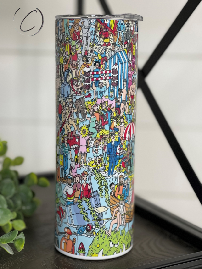 Where's Waldo 20oz Skinny Tumbler featuring a vibrant design, reusable straw, and durable construction.