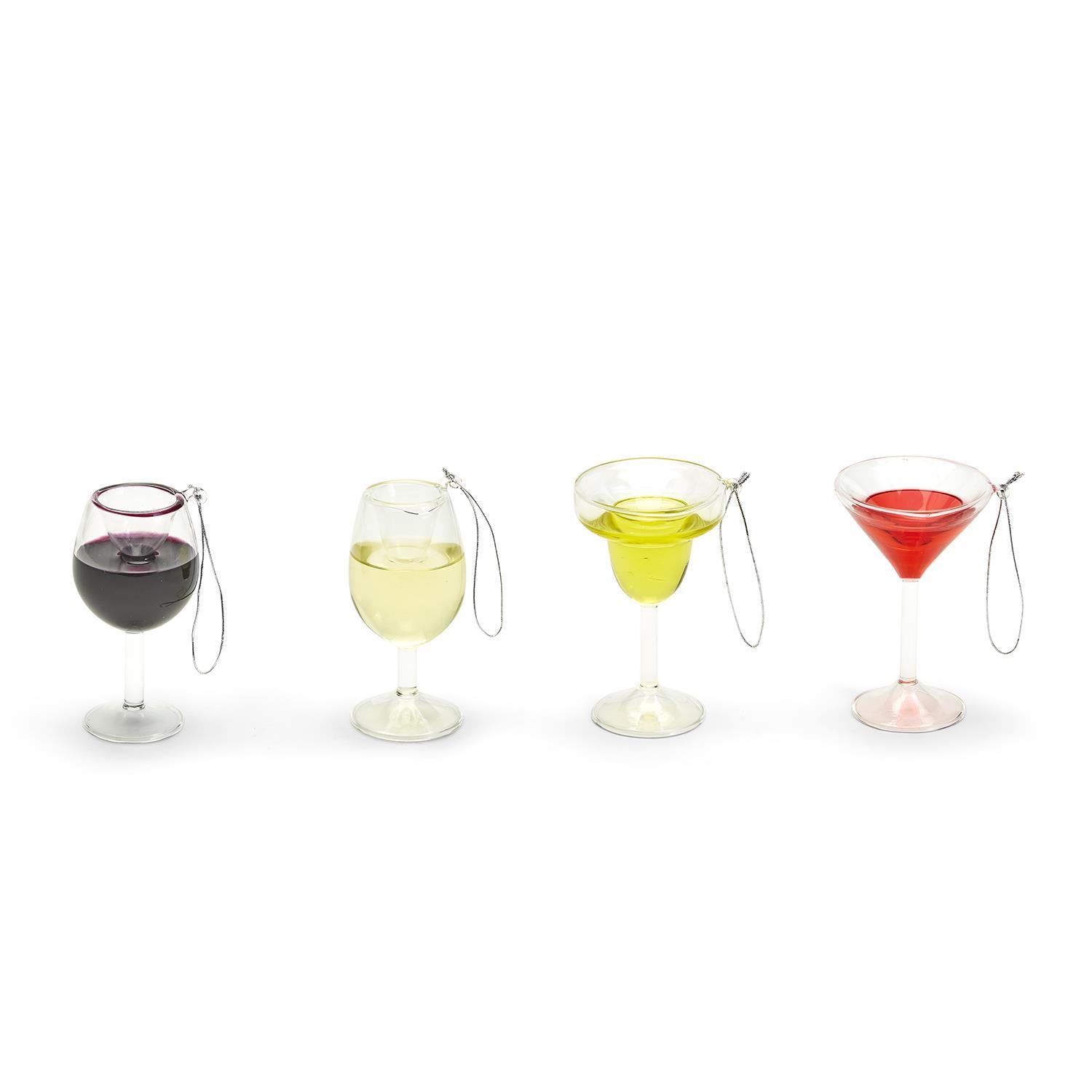 A beautifully crafted white wine glass ornament with real liquid inside, showcasing intricate details and vibrant colors, perfect for holiday decor.