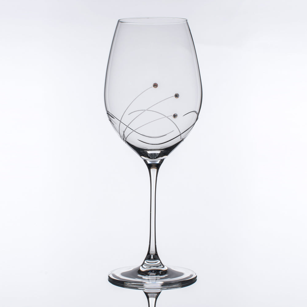 Set of 2 elegant Wine Waves Red Wine Glasses with Swarovski crystals in a gift box, showcasing exquisite hand-cut designs.