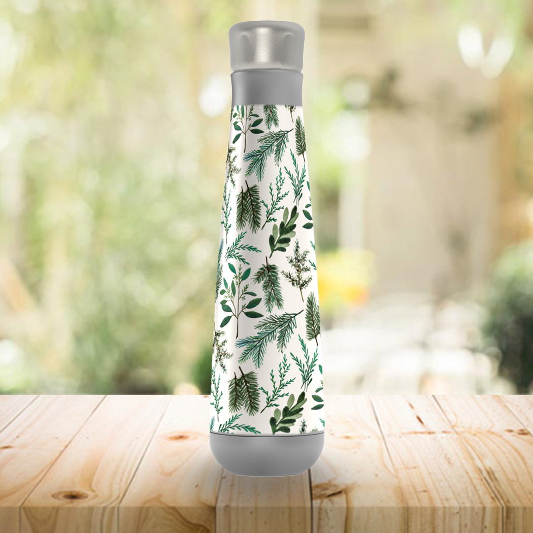 Winter Branch Peristyle Water Bottle in stainless steel, showcasing its sleek design and screw-on lid.