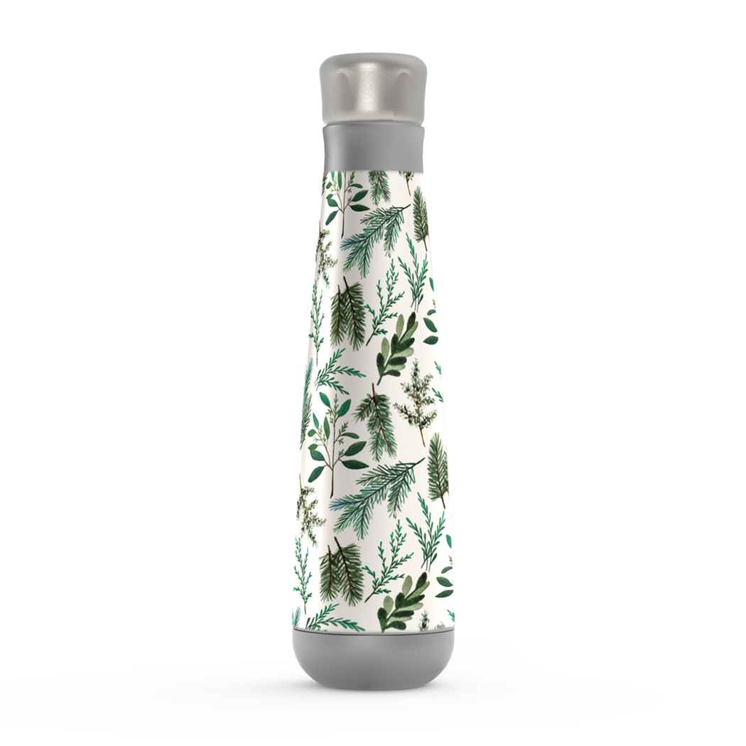 Winter Branch Peristyle Water Bottle in stainless steel, showcasing its sleek design and screw-on lid.