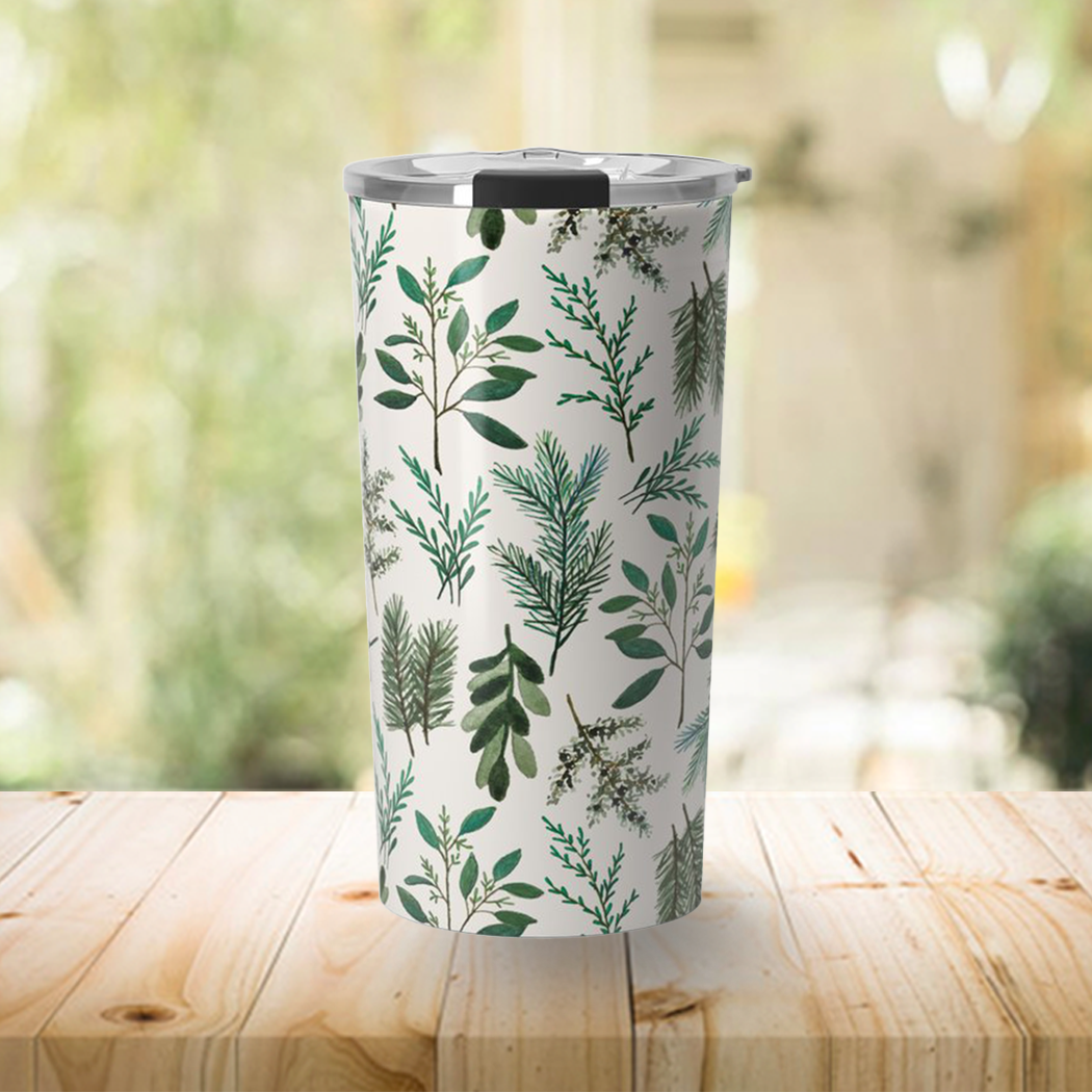 A stylish Winter Branch Travel Mug made of lightweight stainless steel with a double-wall design, featuring beautiful wraparound artwork.