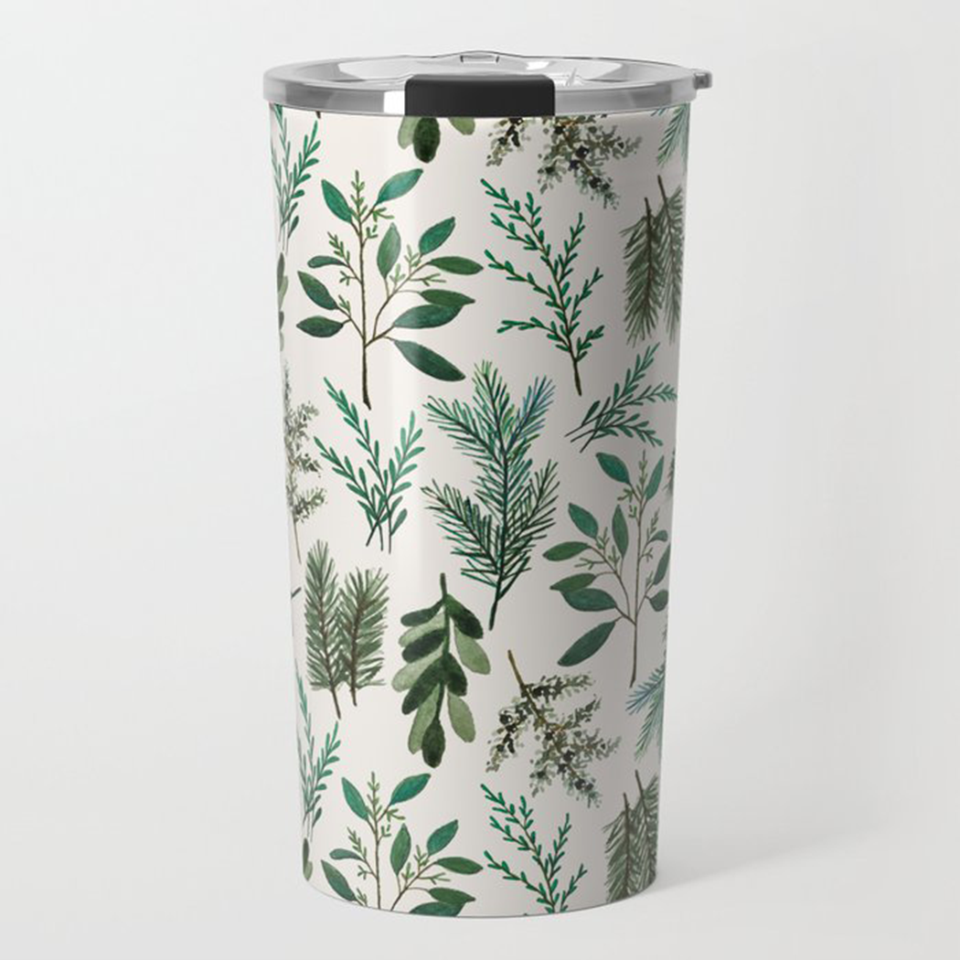 A stylish Winter Branch Travel Mug made of lightweight stainless steel with a double-wall design, featuring beautiful wraparound artwork.