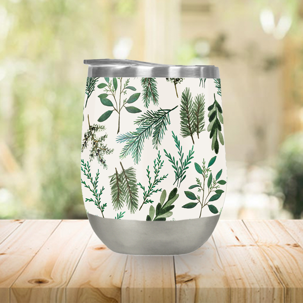 A stylish Winter Branch Wine Tumbler made of stainless steel, featuring a double-wall design and a plastic lid, perfect for outdoor use.