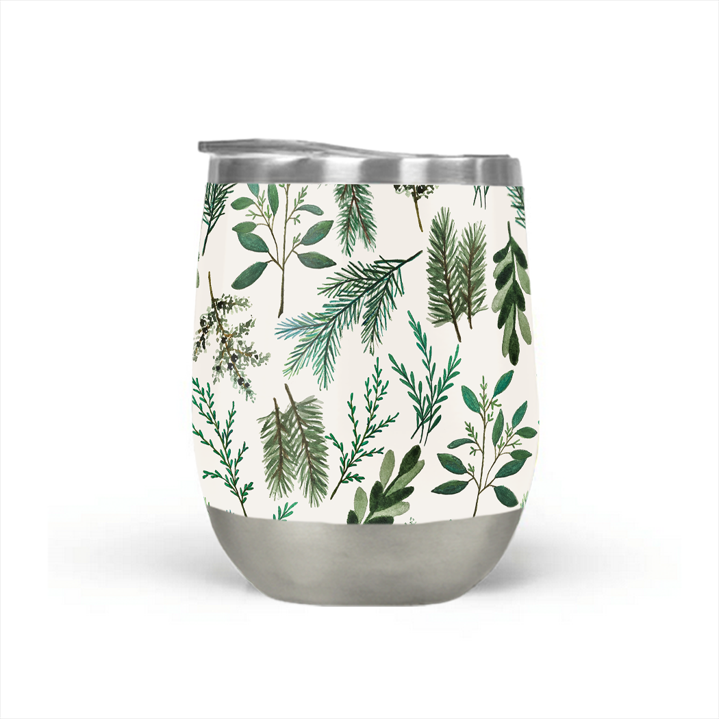 A stylish Winter Branch Wine Tumbler made of stainless steel, featuring a double-wall design and a plastic lid, perfect for outdoor use.