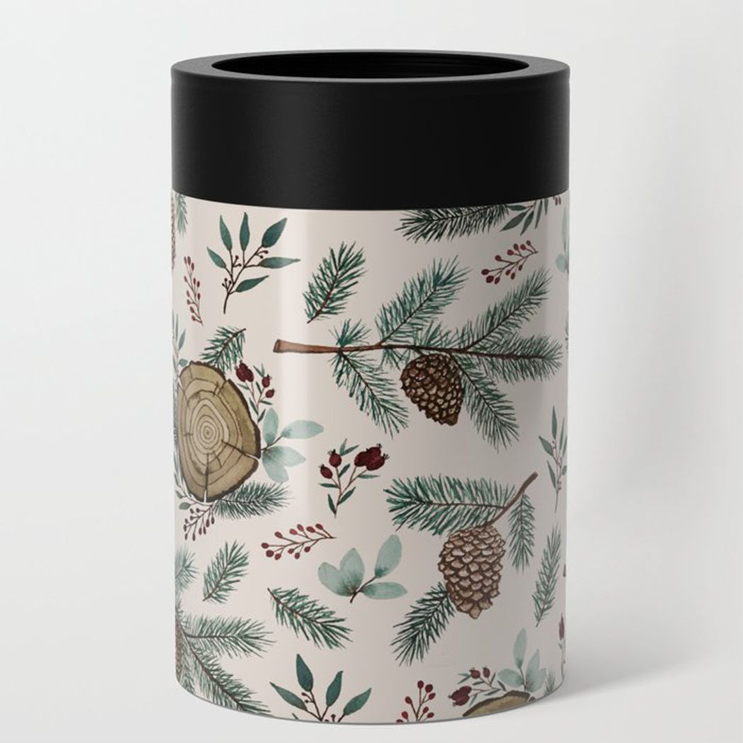 Winter-themed can cooler featuring branches, berries, and pine cones design, made of stainless steel.