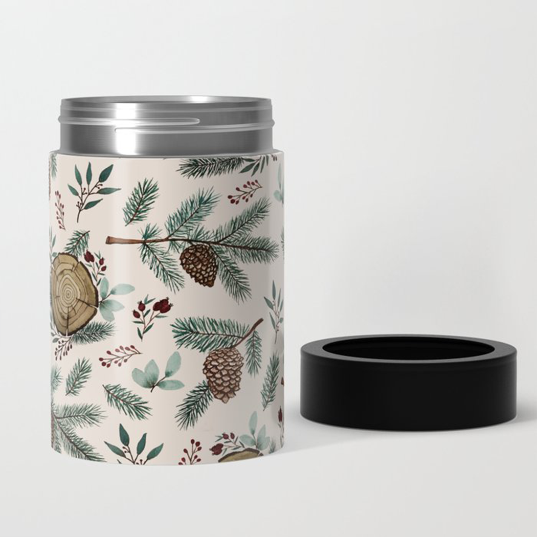 Winter-themed can cooler featuring branches, berries, and pine cones design, made of stainless steel.