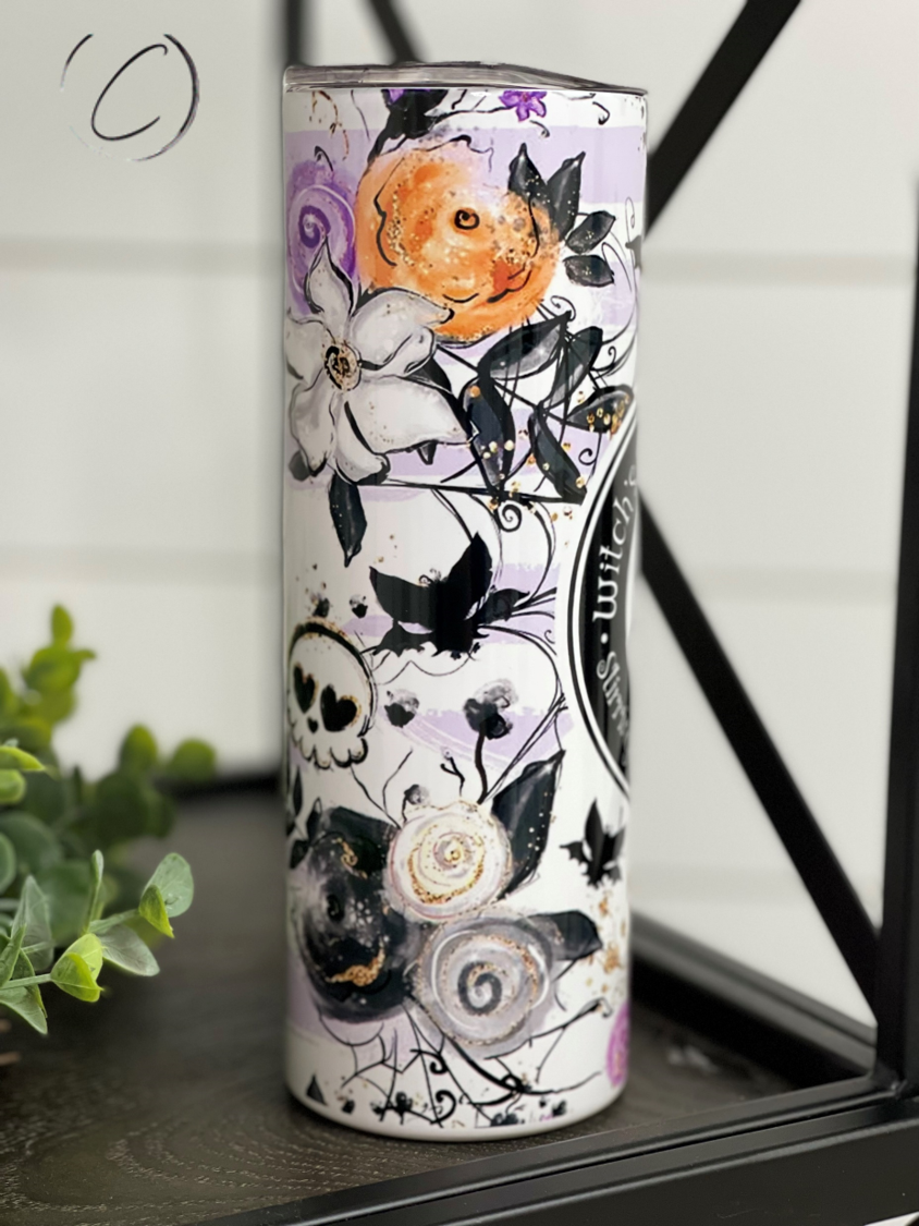 Witches Brew 20oz UV Purple Skinny Tumbler with color-changing effect in sunlight, featuring a unique design and reusable straw.