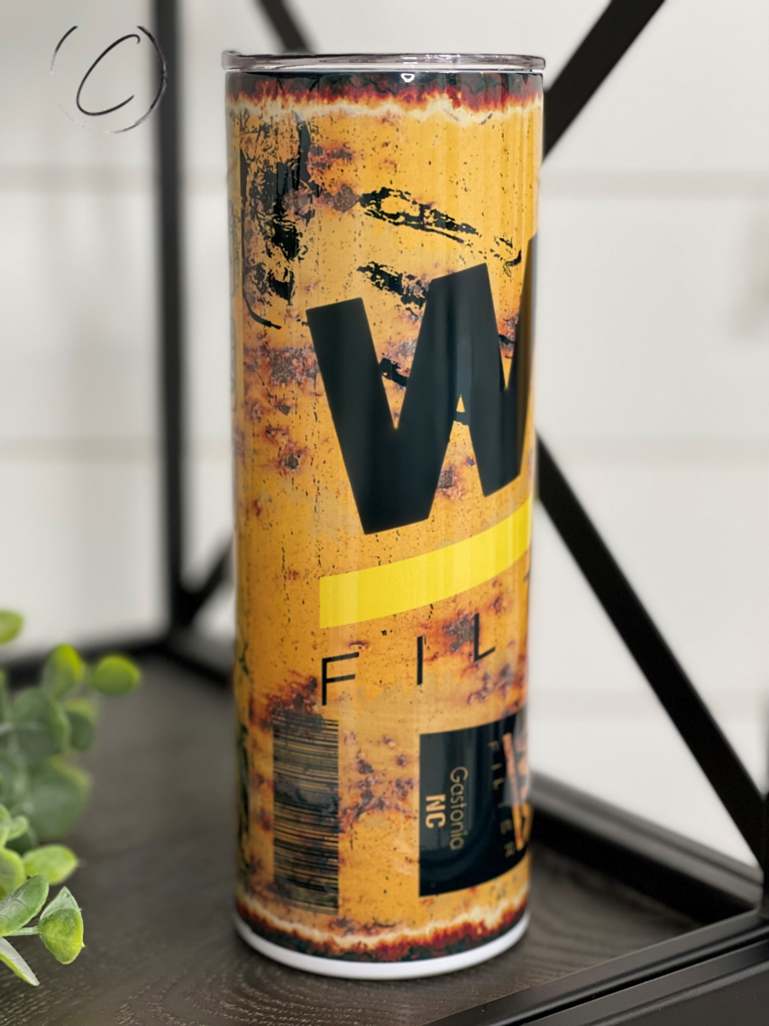 WIX Filter 20oz Skinny Tumbler with a stylish full wrap design, perfect for hot and cold beverages.