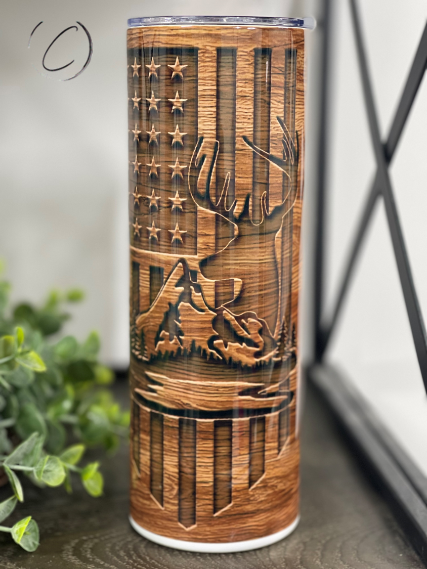 Wood Grain Deer Hunter 20oz Skinny Tumbler featuring a unique wood grain design, perfect for outdoor enthusiasts.