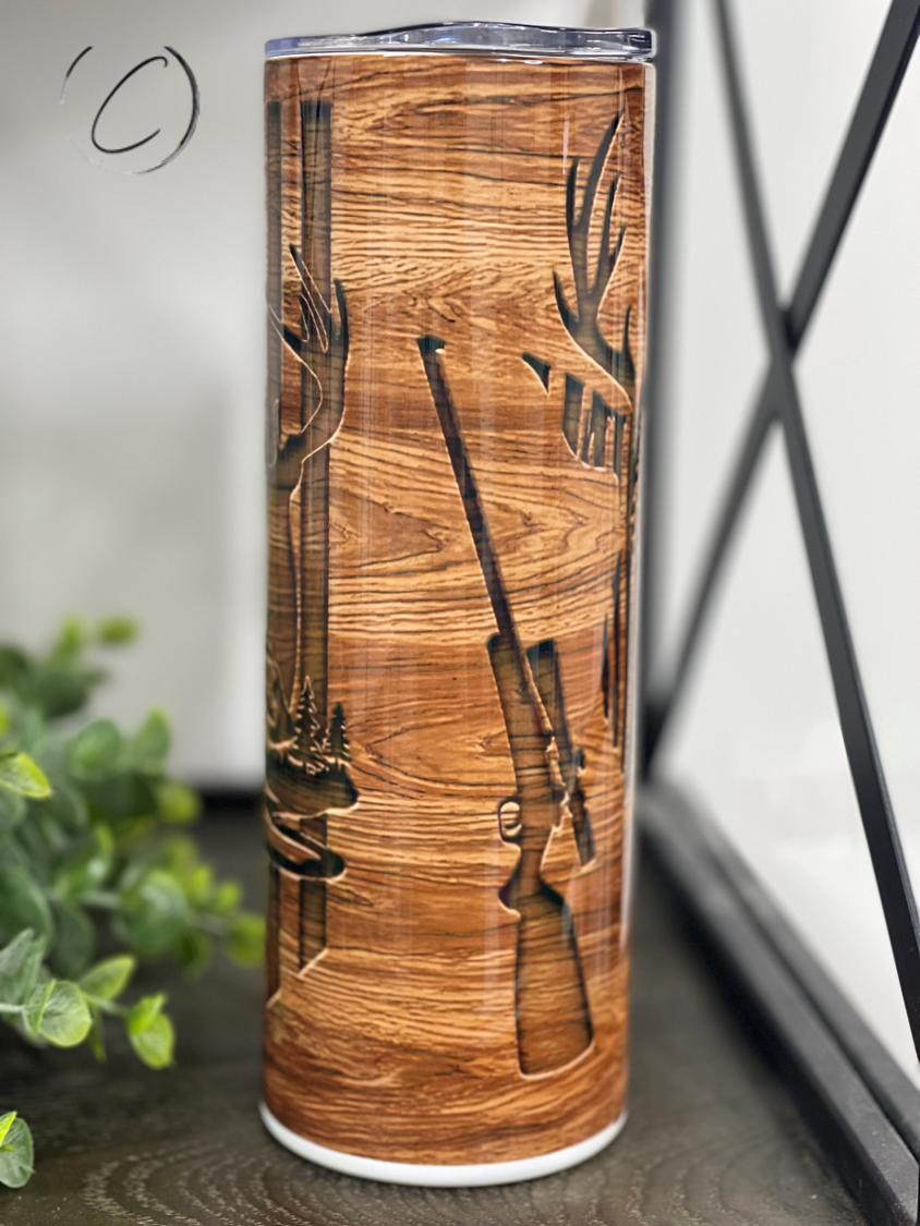 Wood Grain Deer Hunter 20oz Skinny Tumbler featuring a unique wood grain design, perfect for outdoor enthusiasts.