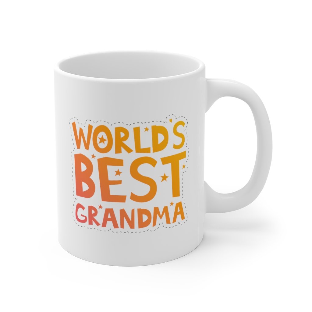 A white ceramic mug with the text 'World's Best Grandma' printed on it, featuring a classic rounded design and a comfortable C-handle.