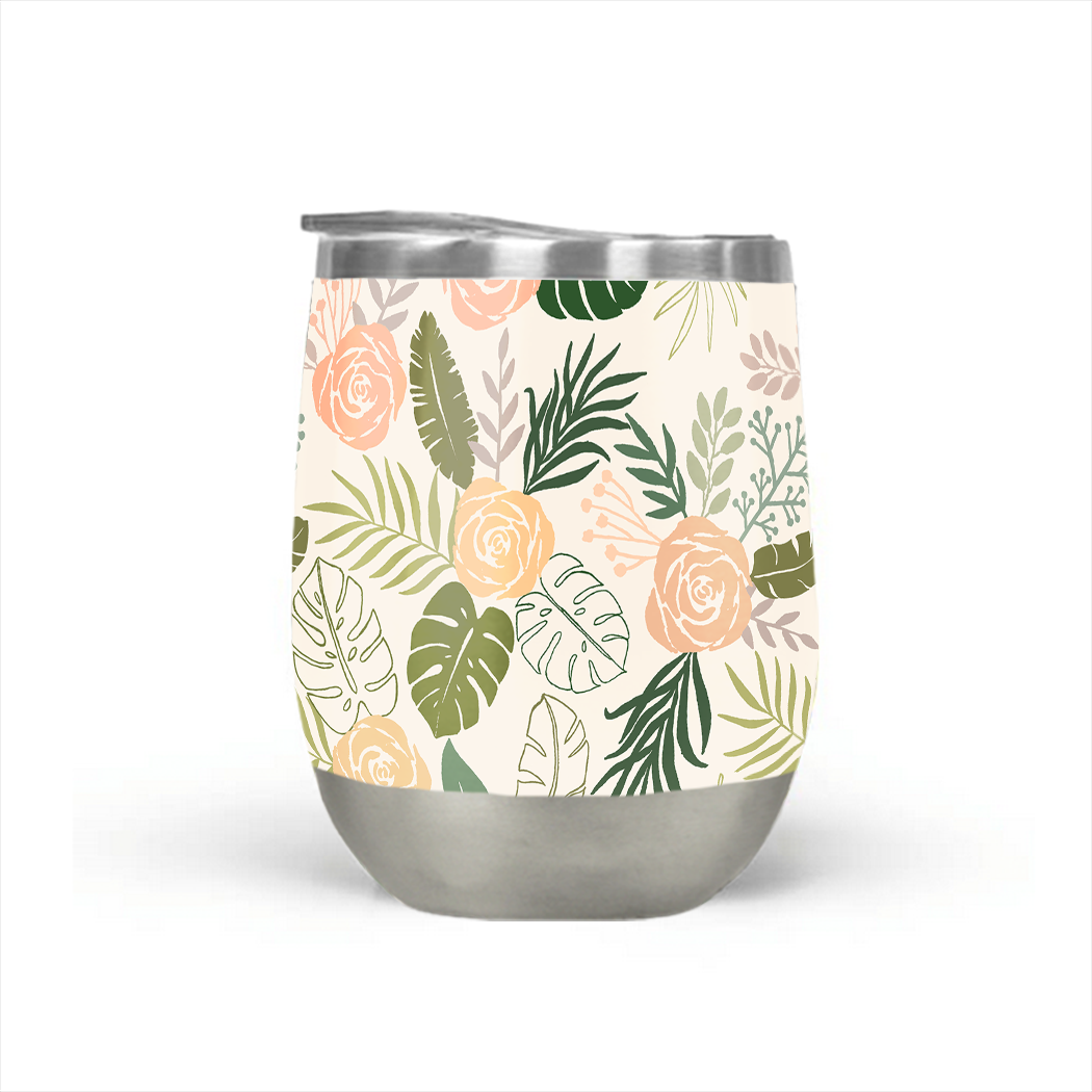 Yellow and green tropical floral stemless wine tumbler with a stylish design, perfect for summer drinks.