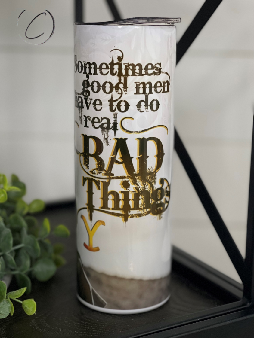 Yellowstone Bad Things 20oz Skinny Tumbler featuring a vibrant full wrap design, perfect for stylish hydration.