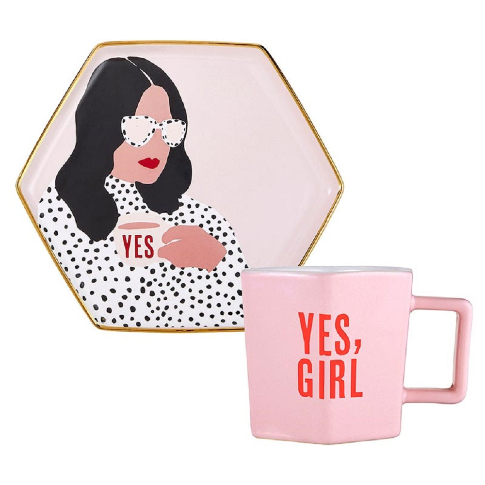 Yes, Girl Hexagon Mug and Saucer Set in Pink featuring a stylish hexagon design with empowering text.