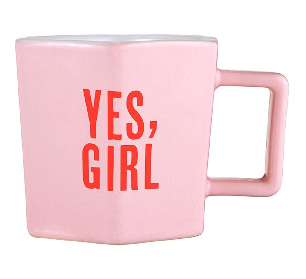 Yes, Girl Hexagon Mug and Saucer Set in Pink featuring a stylish hexagon design with empowering text.