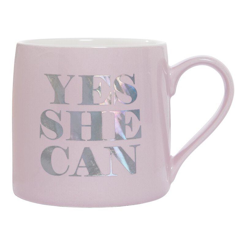 Yes She Can Jumbo Coffee Mug in soft pink ceramic with silver lettering, holding 20 oz of beverage.