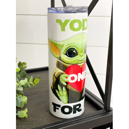 Yoda One For Me 20oz Skinny Tumbler featuring a vibrant design, reusable straw, and durable construction.