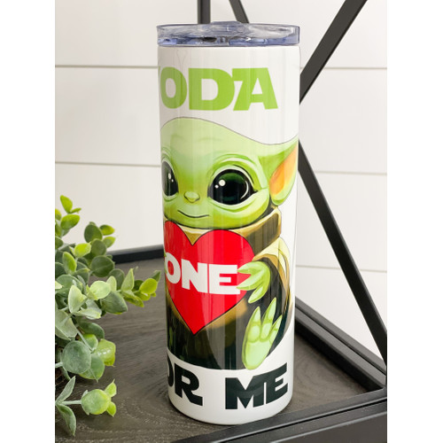 Yoda One For Me 20oz Skinny Tumbler featuring a vibrant design, reusable straw, and durable construction.