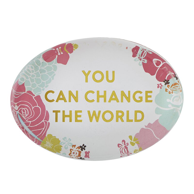 You Can Change The World glass paperweight with floral design and gold accents, featuring an inspirational message.