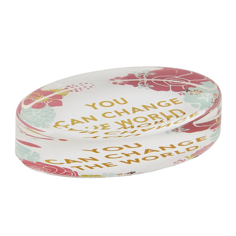 You Can Change The World glass paperweight with floral design and gold accents, featuring an inspirational message.