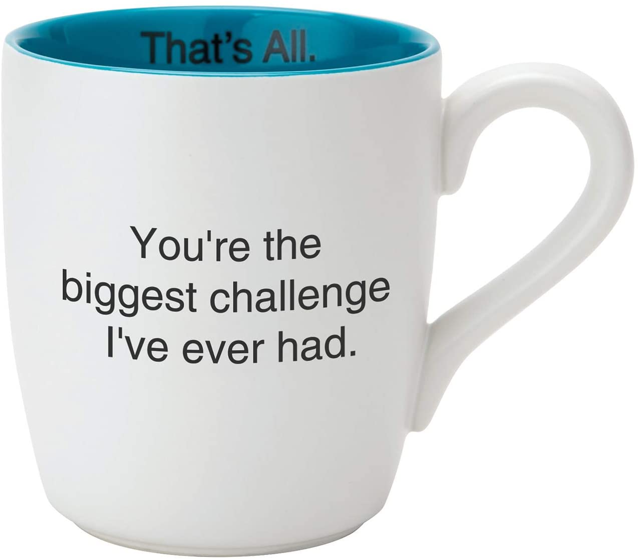 Teal ceramic coffee mug with a witty statement, featuring a matte white exterior and a teal inner dip.