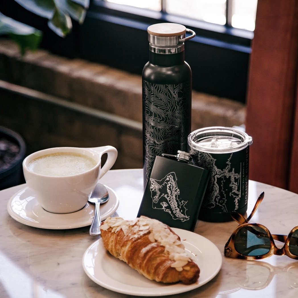 Custom engraved stainless steel bottle featuring a map of Zion National Park with a bamboo top in matte black finish.