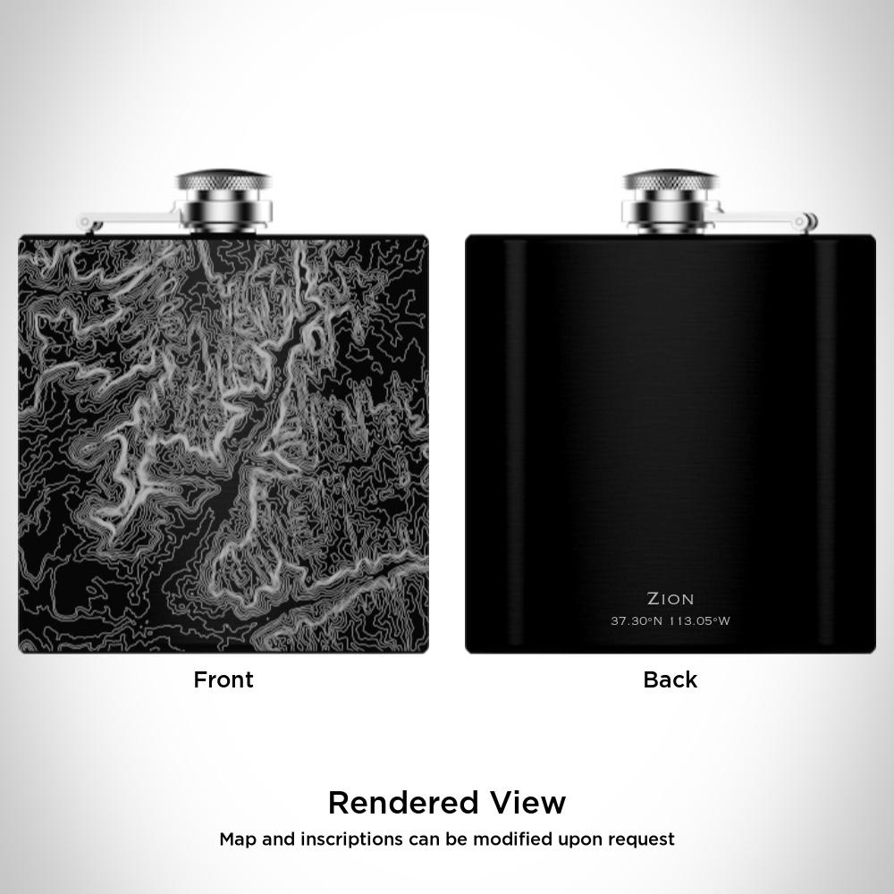 Custom engraved matte black hip flask featuring a detailed map of Zion National Park, Utah, with coordinates, accompanied by a canvas bag and funnel.