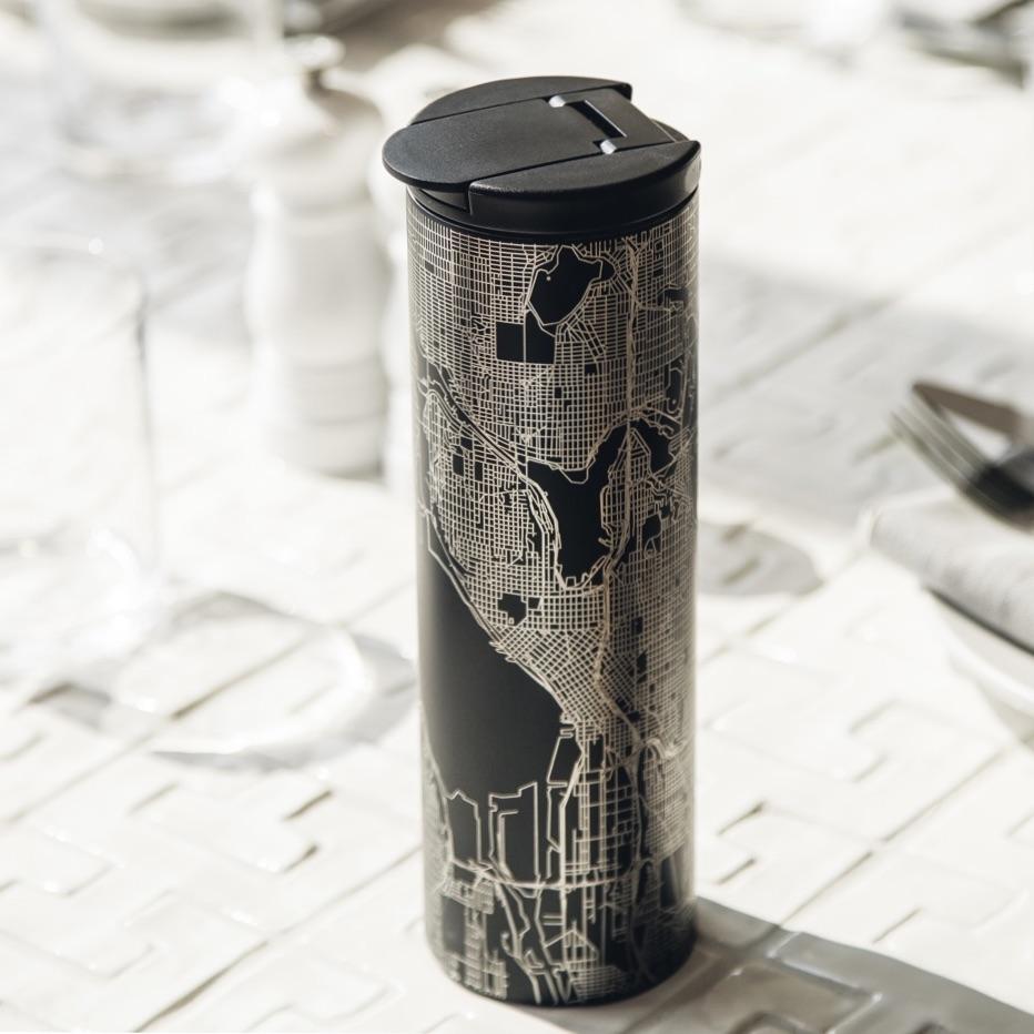 Custom engraved matte black tumbler featuring a detailed map of Zion National Park, Utah, with coordinates.