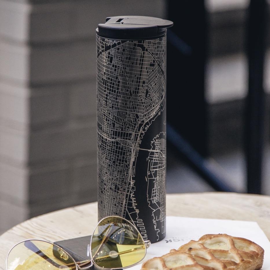 Custom engraved matte black tumbler featuring a detailed map of Zion National Park, Utah, with coordinates.