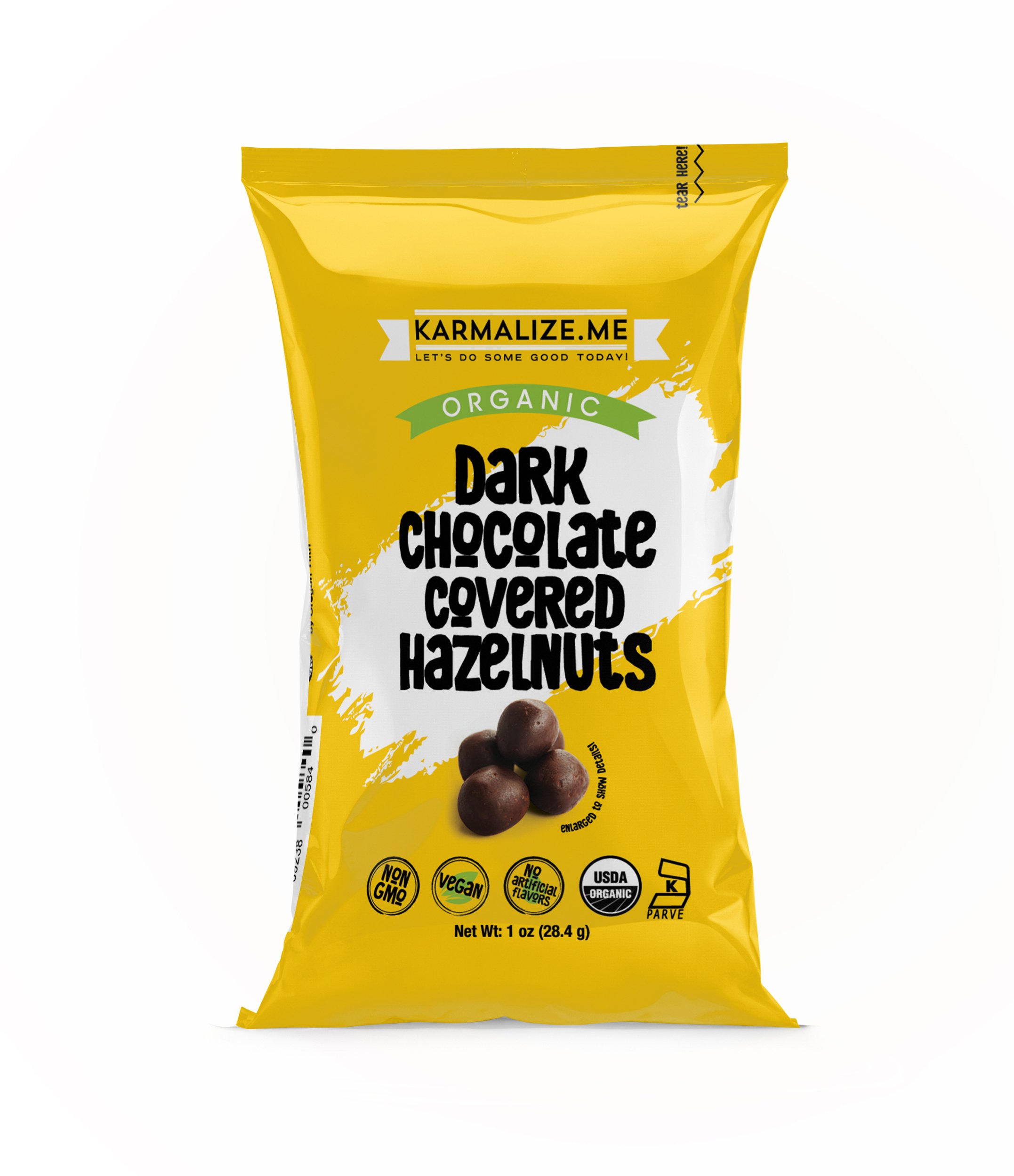 A pack of 1 oz. Organic Vegan Dark Chocolate Covered Hazelnuts showcasing the crunchy hazelnuts coated in rich dark chocolate.