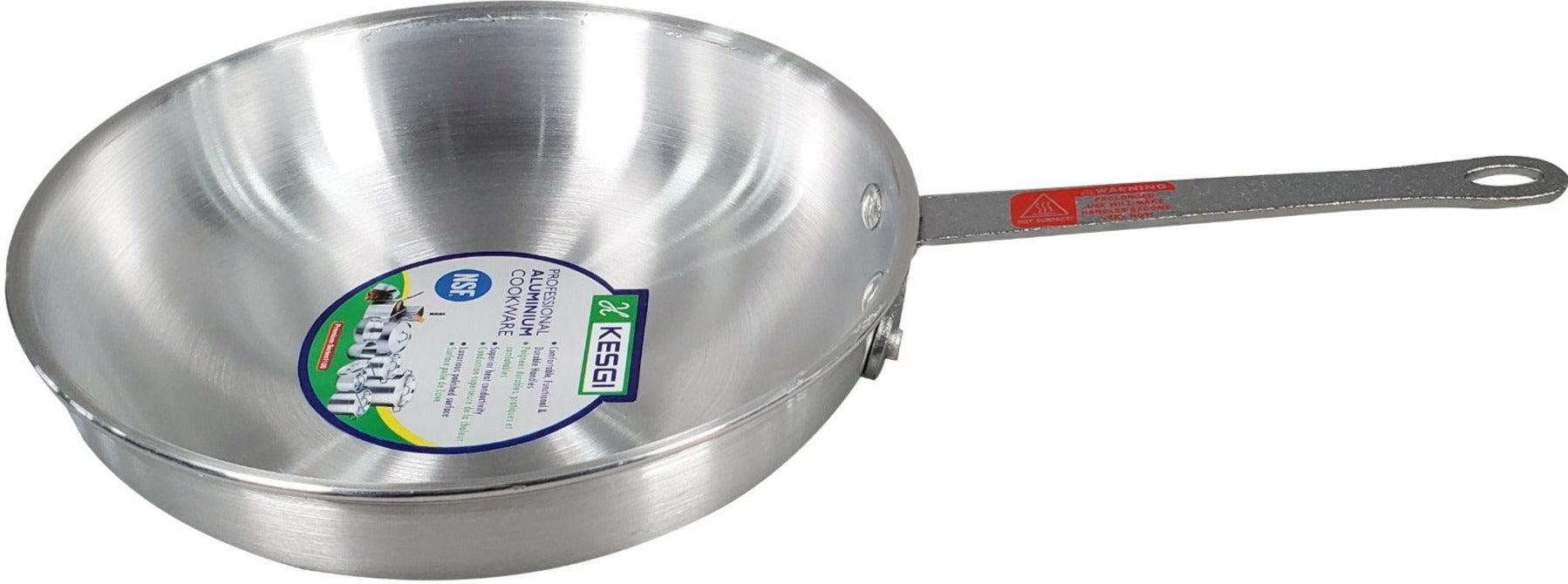 10-inch frying pan with a sleek metal finish, showcasing its dimensions and design.