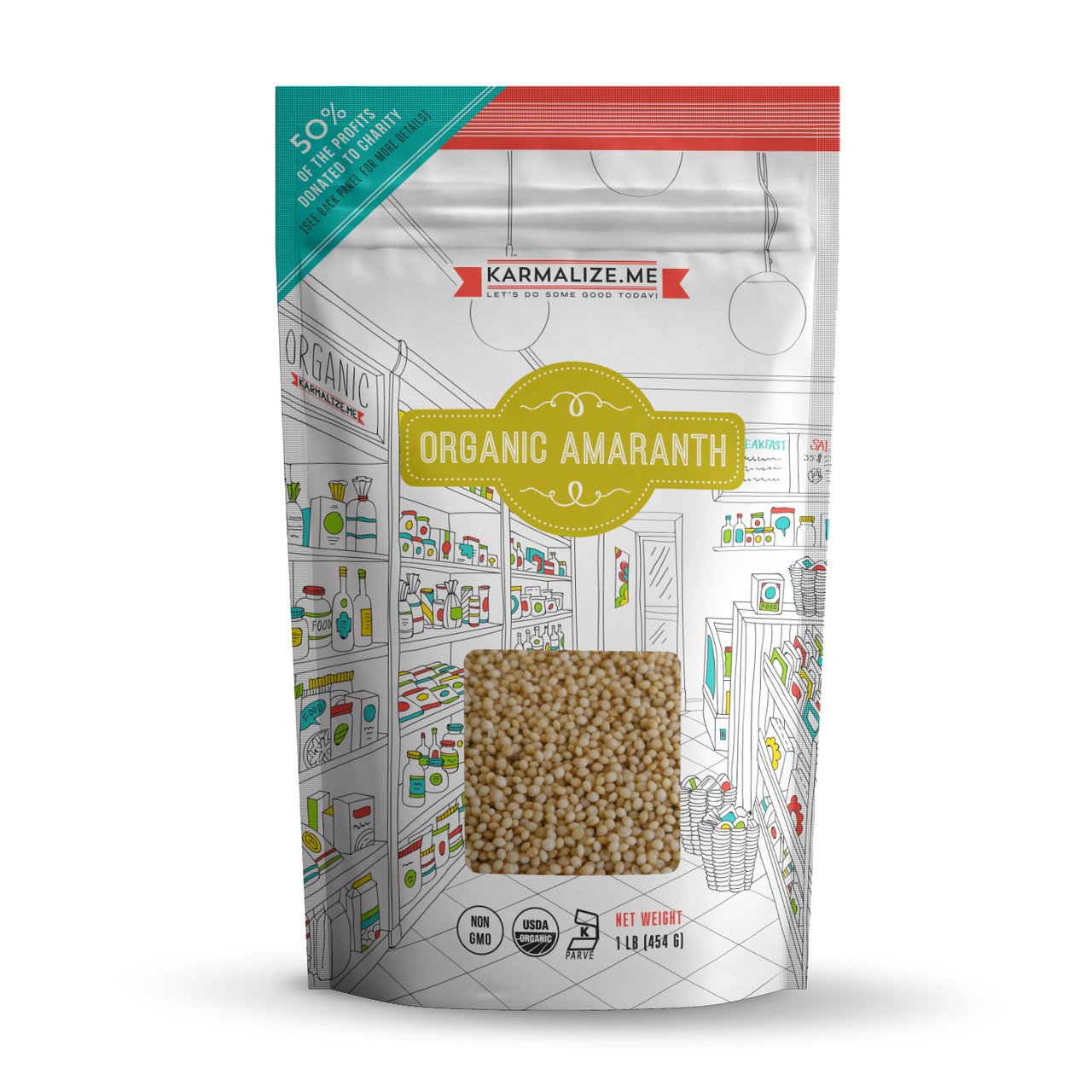 A bag of 100% Organic Amaranth grains, showcasing its natural texture and color, ideal for healthy cooking.