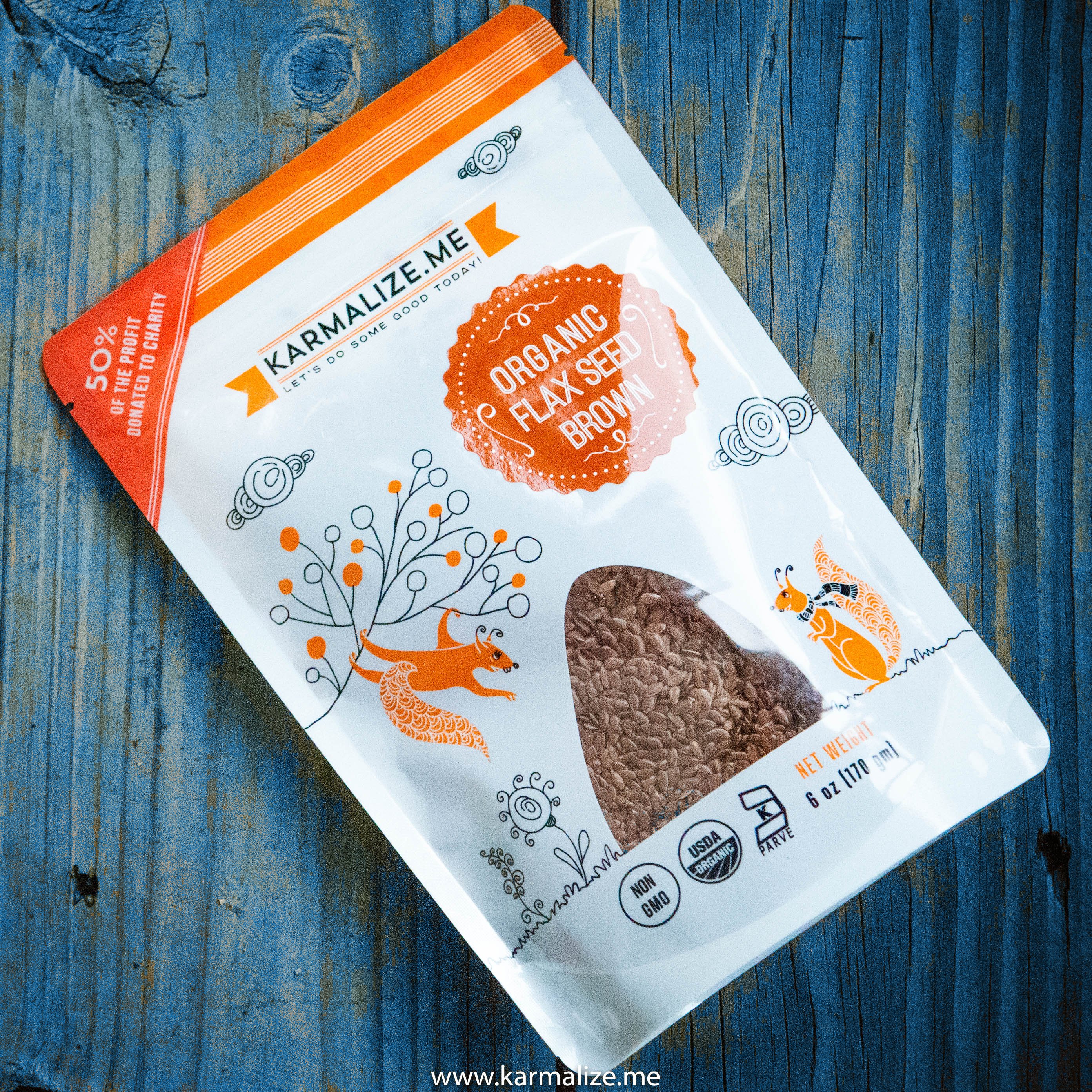 A pack of 100% Organic Brown Flax Seeds, showcasing the natural seeds in a clear bag, emphasizing their organic quality.