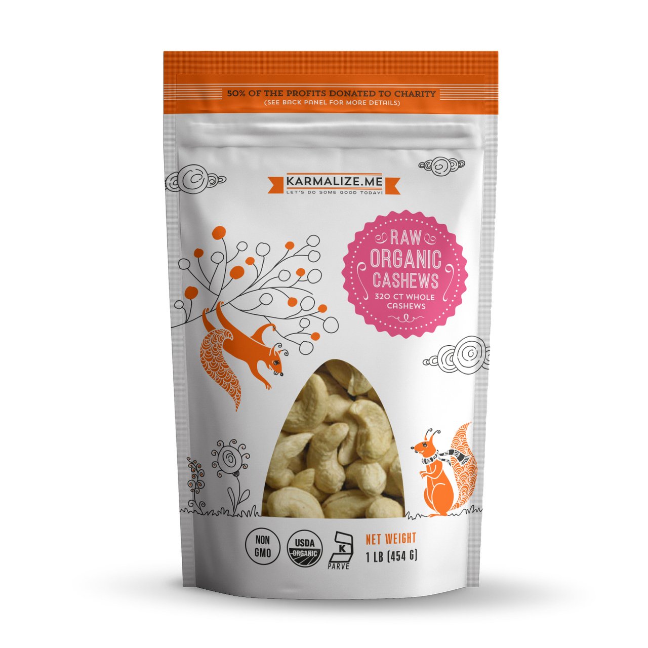 A 1lb bag of 100% raw organic cashews, whole, showcasing their natural color and texture.