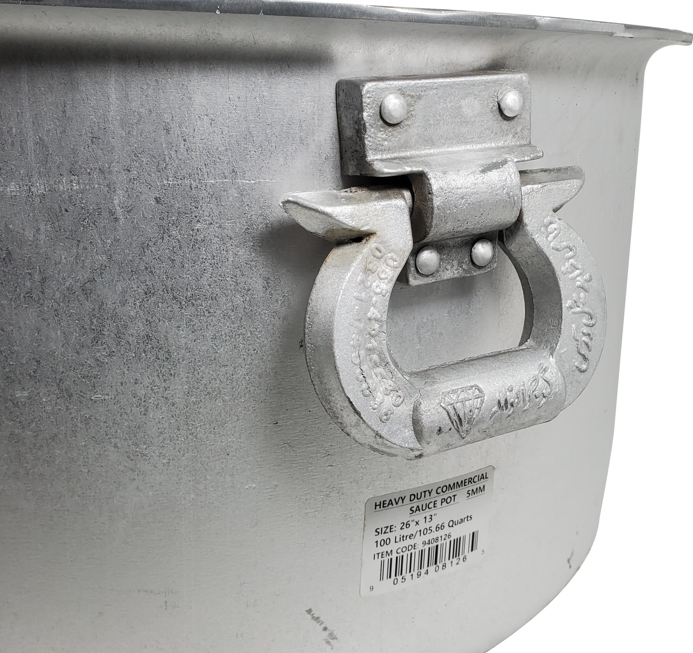 100L Heavy Duty Commercial Sauce Pot with sturdy handles and a large capacity, ideal for professional kitchens.