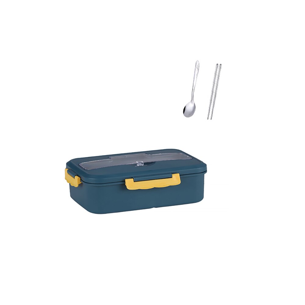 1000ml 3-Grids Lunch Box in blue with chopsticks and spoon, showcasing its eco-friendly design and compartments.