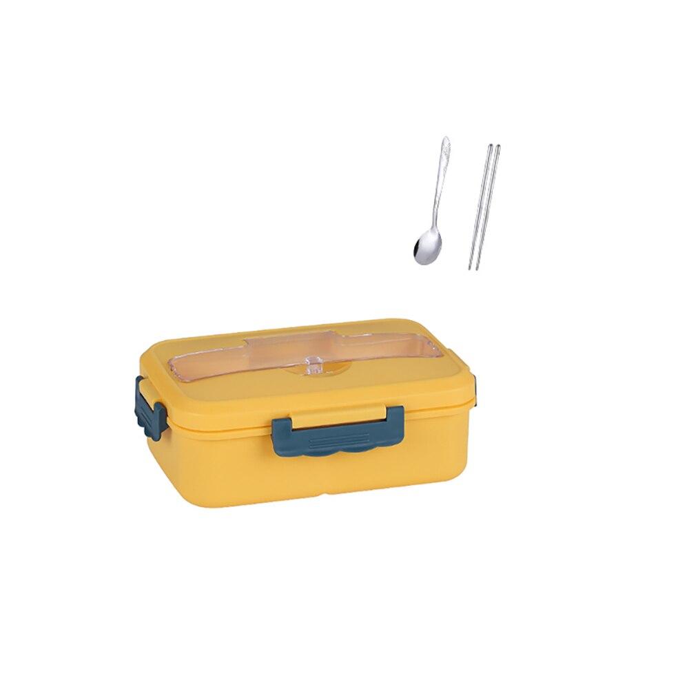 1000ml 3-Grids Lunch Box in blue with chopsticks and spoon, showcasing its eco-friendly design and compartments.