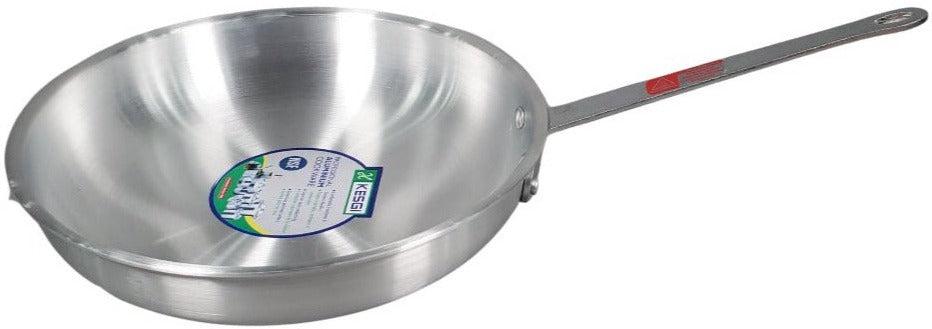 A 12-inch frying pan with a sleek metal finish, showcasing its non-stick surface and ergonomic handle, ideal for various cooking tasks.