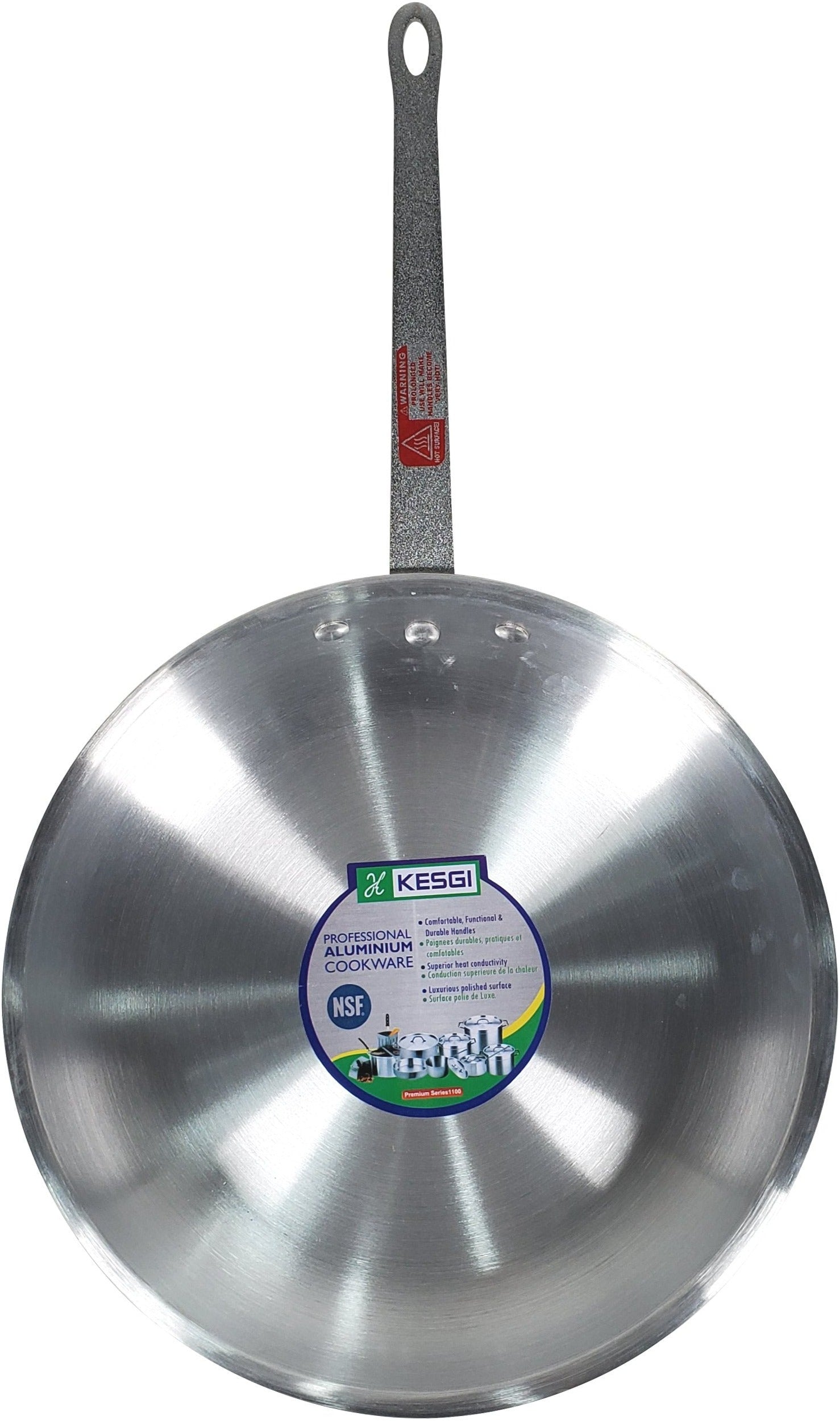 A 12-inch frying pan with a sleek metal finish, showcasing its non-stick surface and ergonomic handle, ideal for various cooking tasks.